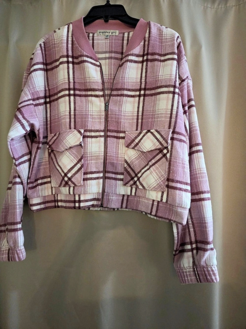 madden girl Plaid Bomber Zipper Front Jacket in Pink & White XL Like New